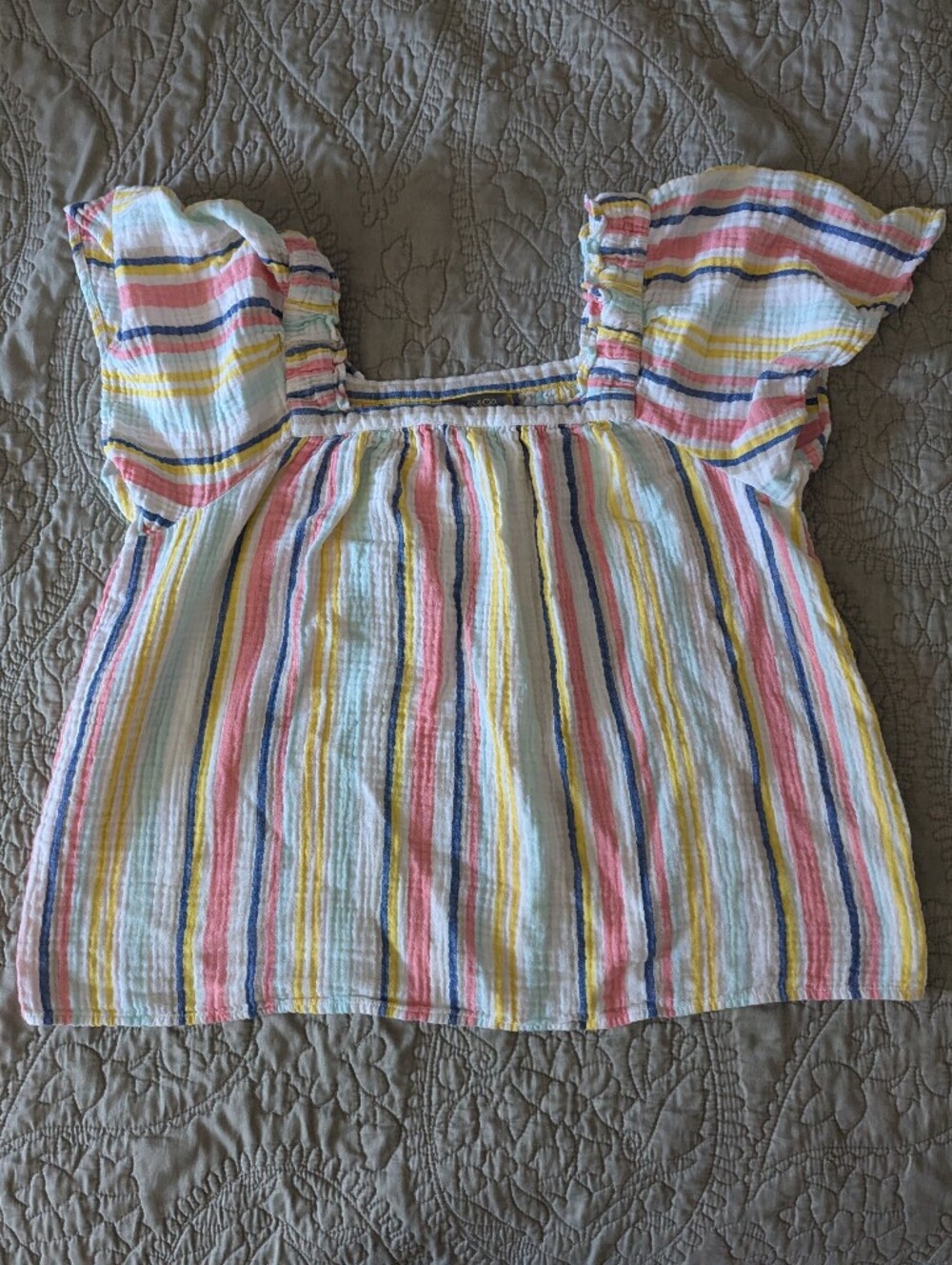 Style & Co. White Multicolor Striped Flutter Sleeve Top Cotton Gauze Summer